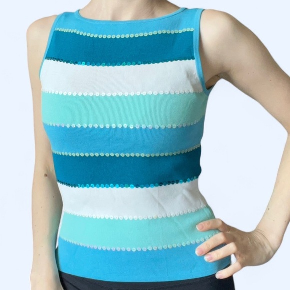 Anne Klein Collection Blue Striped Sequin Coastal Euro Summer Tank Top Small - Picture 2 of 8